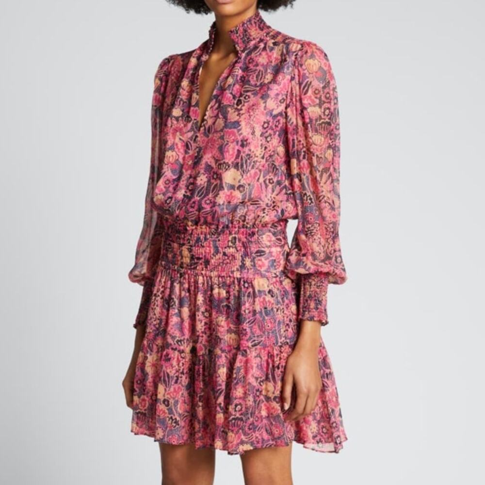 A.L.C. Dress Silvie Dress Pink Floral Silk Blend Smocked Waist Ruffle Hem Size 2